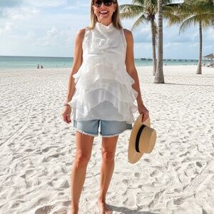 #A049    FT INC  White Organza Ruffle HI -LO top with Rosette Detail - XL